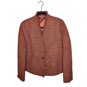 🦃 Kasper Petite Single Button Blazer Orange Black Tweed Woven Fringe Edge 12 P